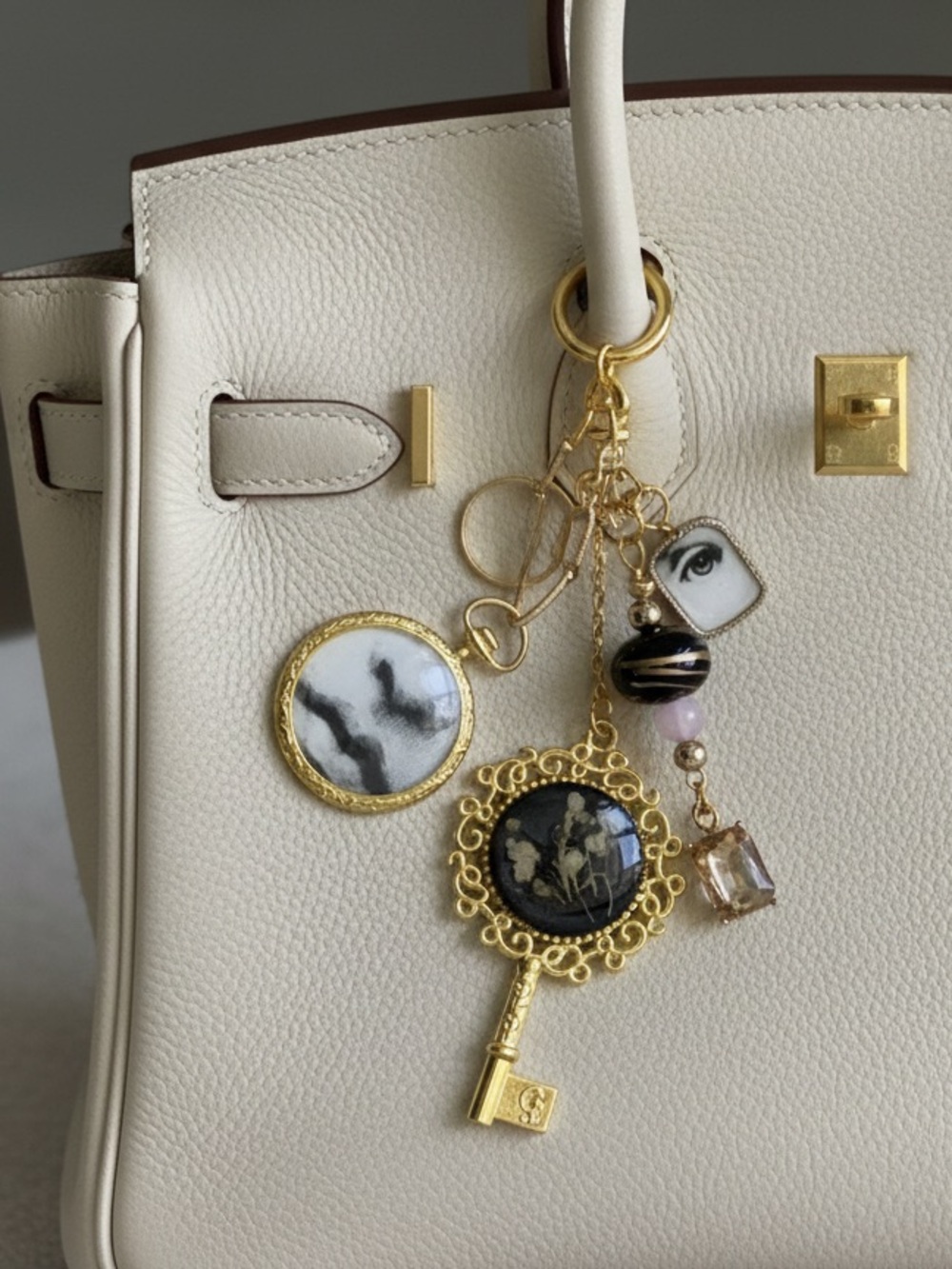 NEW BAG PURSE CHARM FORNASETTI Key Charm Bag Pendant for Cream Handbag